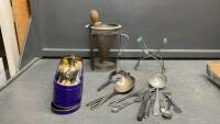 VINTAGE KITCHEN ITEMS - ASSORTED UTENSILS, JAR LIFTER, SERVING SPOONS, CANNING SEIVE