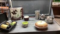BOX W/SMALL ELECTRIC KETTLE, TEA POT, POTS, BOOT RACK