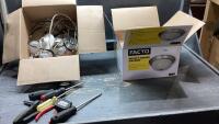(3)ITEMS - BOX OF (2) CEILING LIGHT FIXTURES + BOX ELECTRICAL TOOLS/SUPPLY AND BAG OF LIGHT BULBS