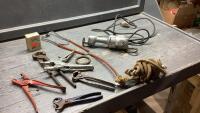 BOX W/CAST CUTTER, NIPPERS, TAGGERS, STETHESCOPE, SHOAT RINGS