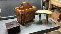 (3) ITEMS - WICKER MAGAZINE RACK, SMALL STOOL, JEWELRY BOX