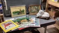 VINTAGE TRAYS, REPRODUCTION MAGAZINE COVERS, CERAMIC CAT