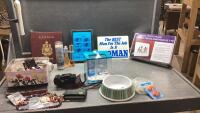 BOX W/COSTUME JEWELRY, PARTIAL BOTTLES OF PERFUME, CAMERA