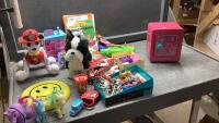BOX W/ PLASTIC ANIMALS, FRISBEE, PAW PATROL PUP, NERF GUN, PLAY DOUGH