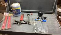 NEW ROLL OF SHOP TOWELS, (2) CAULKING GUNS, STAINLESS STEEL CABLE TIES, HACKSAW BLADES, WRENCH RAIL SETS, FILTER ATTACHMENT