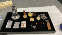 (4) VINTAGE LIGHTERS, (2) SKELETON KEYS, WATCH PIECES