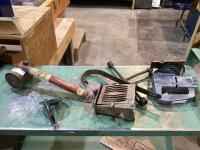 ANTIQUE SHOP BOX WITH LUG NUT, JIG SAW, SPRAYER, HEATER & MISC
