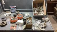 SPROCKET, HOSE CLAMPS, STRAPS, SPARK PLUGS, RED CAPS,