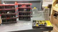 (3)BOXES - (2) BOLT ORGANIZERS + CASE WITH AUTO ELECTRICAL CONNECTORS + TOOL