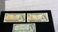 (3) CANADIAN $1 BILLS - (2) 1973, (1) CENTENNIAL - NO SERIAL NUMBER