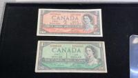 (2) CANADA 1954 BILLS - $1 AND $2