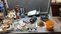 (2) BOXES - FIRE EXTINGUISHER,E-TRACK 8&rsquo; CAMBUCKLE, STRAPS, FINIALS FOR FENCE, EXHAUST