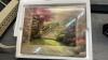 BOX OF MISC COLLECTIBLE ITEMS - YELLOW TEA POT, GREEN BOWL W/ FEET, RUBY RED GLASS, LIDDED BOWL, THOMAS KINKADE COLLECTOR PLATE - 4