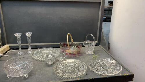 BOX OF GLASSWARE - PLATTERS, BOWLS, CREAM & SUGAR, BASKETS, GLASS SNAKE, CANDLE HOLDERS