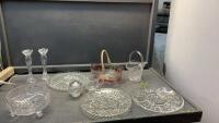 BOX OF GLASSWARE - PLATTERS, BOWLS, CREAM & SUGAR, BASKETS, GLASS SNAKE, CANDLE HOLDERS