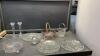 BOX OF GLASSWARE - PLATTERS, BOWLS, CREAM & SUGAR, BASKETS, GLASS SNAKE, CANDLE HOLDERS