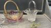 BOX OF GLASSWARE - PLATTERS, BOWLS, CREAM & SUGAR, BASKETS, GLASS SNAKE, CANDLE HOLDERS - 2