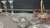 BOX OF GLASSWARE - PLATTERS, BOWLS, CREAM & SUGAR, BASKETS, GLASS SNAKE, CANDLE HOLDERS - 3
