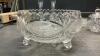 BOX OF GLASSWARE - PLATTERS, BOWLS, CREAM & SUGAR, BASKETS, GLASS SNAKE, CANDLE HOLDERS - 4