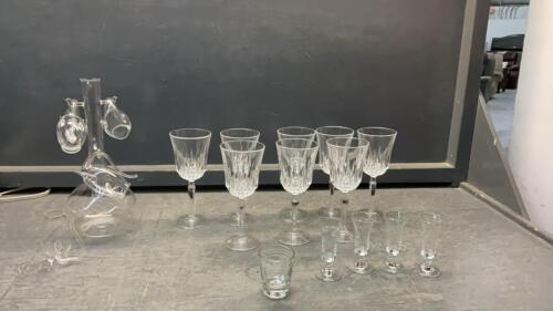 (2) BOXES OF GLASSWARE - DELICATE DECANTER W/ FUNKY GLASSES AND ASSORTED WINE & LIQUOUR GLASSES