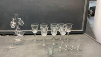 (2) BOXES OF GLASSWARE - DELICATE DECANTER W/ FUNKY GLASSES AND ASSORTED WINE & LIQUOUR GLASSES