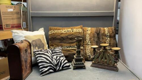 COLLECTION OF AFRICAN THEME ITEMS - THROW PILLOWS, WINE BOX, RESIN CANDLE HOLDERS