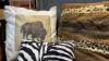 COLLECTION OF AFRICAN THEME ITEMS - THROW PILLOWS, WINE BOX, RESIN CANDLE HOLDERS - 3