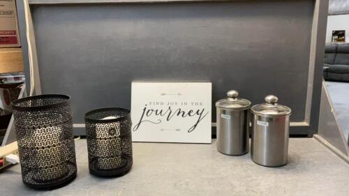 &ldquo;JOURNEY&rdquo; SIGN, CANDLE HOLDERS W/ BATTERY CANDLES & (2) METAL CANISTER