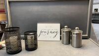&ldquo;JOURNEY&rdquo; SIGN, CANDLE HOLDERS W/ BATTERY CANDLES & (2) METAL CANISTER