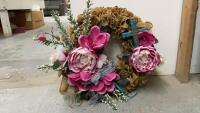 BURLAP WREATH W/ FLOWERS & A CROSS
