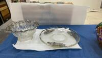 (2) VINTAGE GLASS PIECES W/ SILVER INLAY - BOWL W/ FLUTED RIM & PLATTER