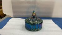 CARNIVAL GLASS COVERED CANDY DISH - IRREDESCENT BLUES