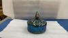 CARNIVAL GLASS COVERED CANDY DISH - IRREDESCENT BLUES