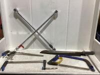 SHOP BOX W/ CLAMPS, MACHETE, BOW SAW, 4-WAY LUG NUT & MISC