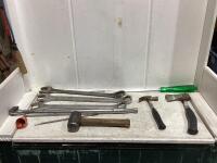 SHOP BOX W/ ASSORTED WRENCHES, HATCHET, HAMMERS & MISC