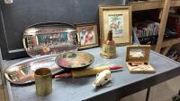 BOX W/VINTAGE ROLLING PIN,BAR TRAYS, BELLS WHISKEY BOTTLE