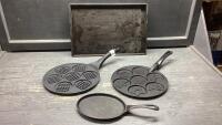 CAST GRIDDLE (17.5&rdquo; X 12&rdquo;0, (2) PANCAKE PANS, SMALL CAST OVAL FRY PAN