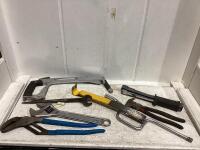 SHOP BOX W/ FLAT CROW BAR, ASSORTED WRENCHES, STAPELR & MISC