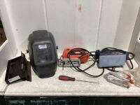 SHOP BOX W/ WELDING HELMET, BLACK & DECKER JIGSAW, RYOBI SANDER & MISC