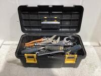 TOOL BOX W/ ASSORTED MASTERCRAFT WRENCHES, PLIERS, SCREWDRIVERS & SOCKETS & MISC