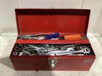TOOL BOX W/ ASSORTED WRENCHES, PLIERS, SCREW DRIVERS, SOCKETS, HAMMER & MISC