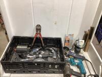 SHOP TOTE W/ ASSORTED TOOLS, BRUSHES, BATTERY CHARGER & MISC