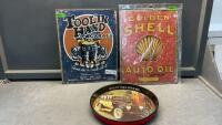 (2) REPLICA METAL SIGNS, METAL TRAY