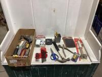 SHOP BOX W/ SET OF ALLEY WRENCHES, HAMMER, BLOCK HEATER, WATER HEATER ELEMENT KIT & MISC