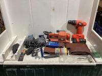 SHOP BOX W/ GLOVES, BLACK & DECKER DRILL/SANDBELT, SANDING BELTS, BOX CUTTER & MISC