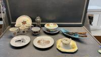 BOX OF COLLECTIBLE ITEMS - OLD HAIR CURLERS, ENAMEL POT, SILVERPLATE UTENSILS, HYCROFT CENTENNIAL DISHES , BEAUCEWARE DISH