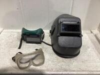 (2) WELDING HELMET/GOGGLES & (1) PLASTIC GOGGLES