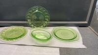 GREEN DEPRESSION GLASS SERVING PIECES - SOME MAY BE URANIUM GLASS