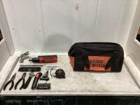 BLACK & DECKER TOOL BAG W/ PLIERS, WRENCHES, HAMMER, TAPE MEASSURE, DRILL BITS & MISC