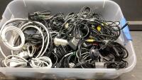 TOTE OF ASSORTED CORDS, CABLES, TRANSFORMERS, ETC